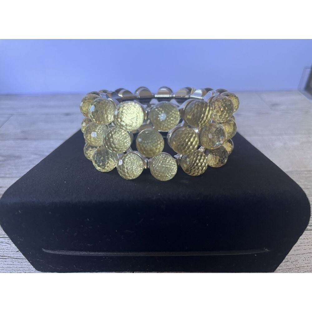 Chunky Yellow Plastic Beaded Silver Tone Stretch Statement Bracelet 1.25" Wide